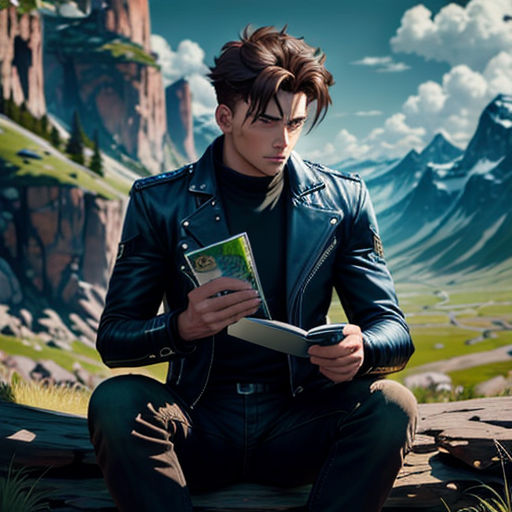 a man sitting on a rock looking at a book in his hands and a mountain in the background with clouds