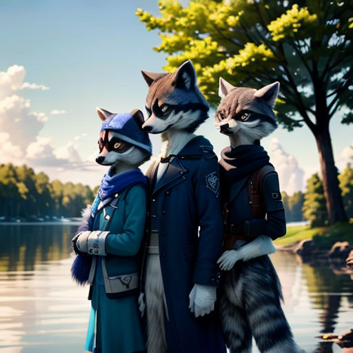 a couple of raccoons standing next to each other near a lake with trees in the background and a sky with clouds