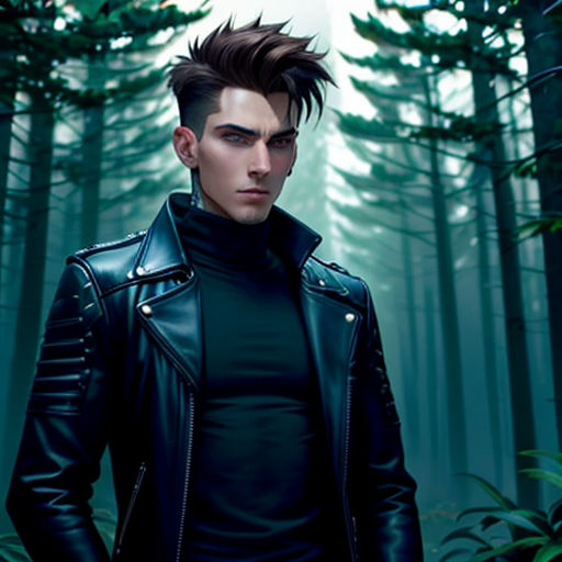 a man in a black leather jacket standing in a forest with trees and bushes in the background, wearing a black turtle neck sweater