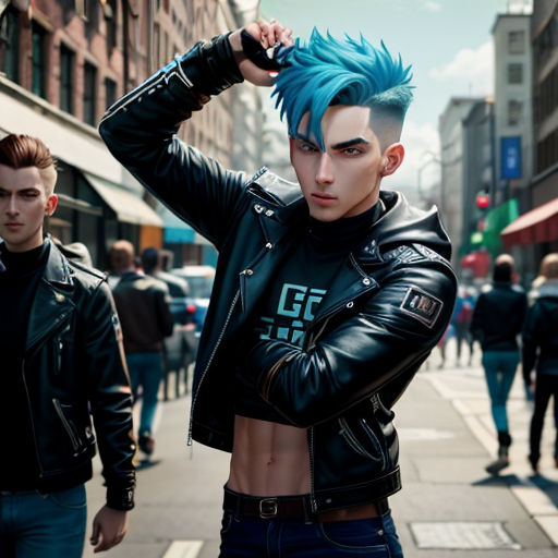 a man with blue hair and a leather jacket on a city street with other men walking by him and one man with blue hair