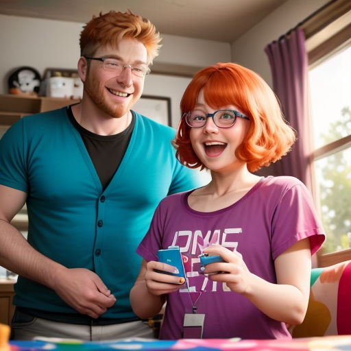 a man and a woman are smiling and looking at a cell phone together in a room with a window