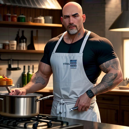 a man with a bald head and tattoos is cooking in a kitchen with a large pot on the stove