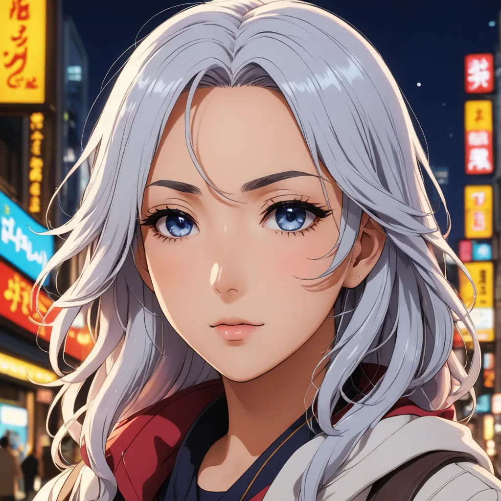 a woman with long gray hair and blue eyes in a city at night with neon signs and signs in the background, remodernism, a character portrait, Artgerm, rossdraws global illumination
