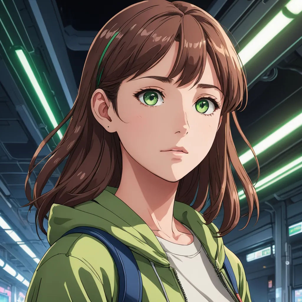 a girl with long hair and green eyes looks at the camera in a subway station with neon lights behind her, sots art, a character portrait, Ai-Mitsu, official art