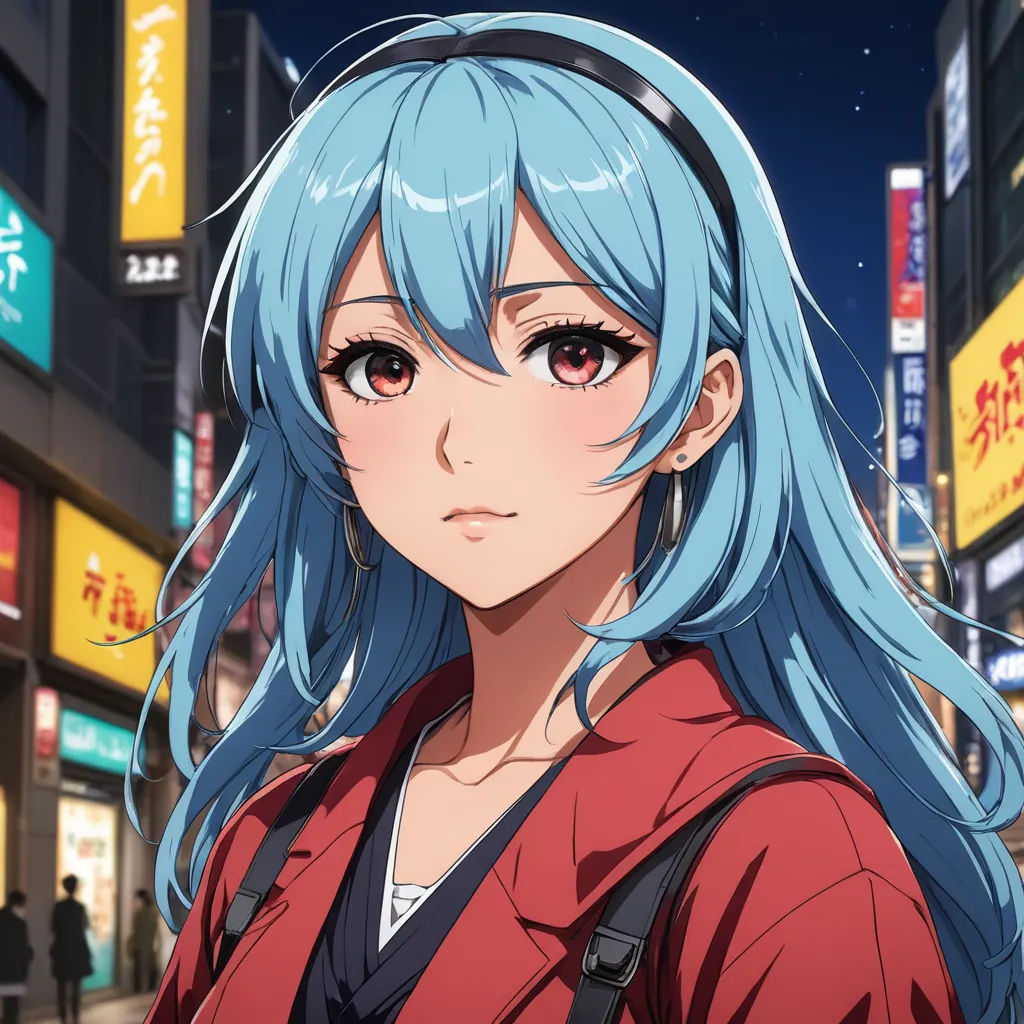 a girl with blue hair and a red shirt in a city at night with neon signs and buildings in the background, serial art, a character portrait, Chizuko Yoshida, official art