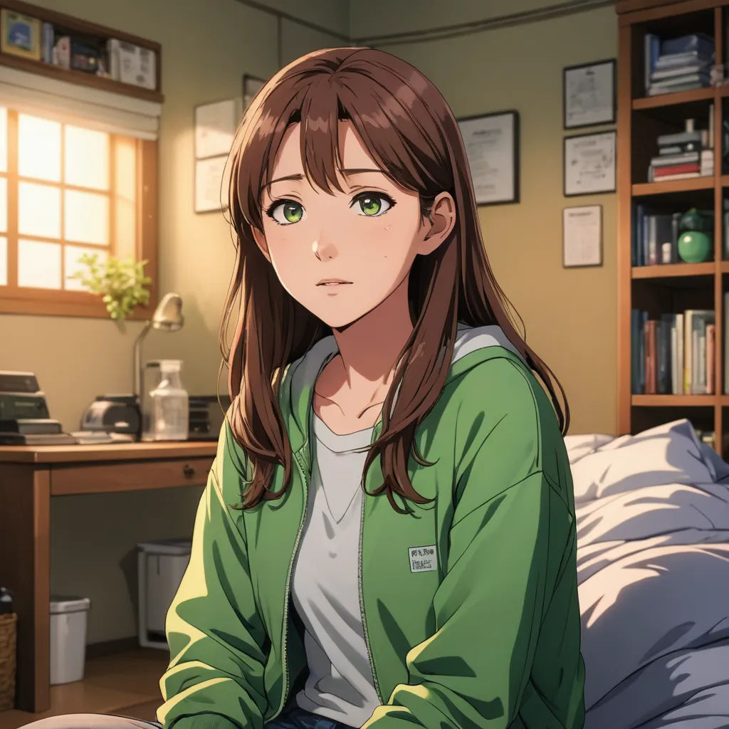 a girl sitting on a bed in a room with a bookcase and a desk in the background with a window, sots art, a character portrait, Chizuko Yoshida, official art