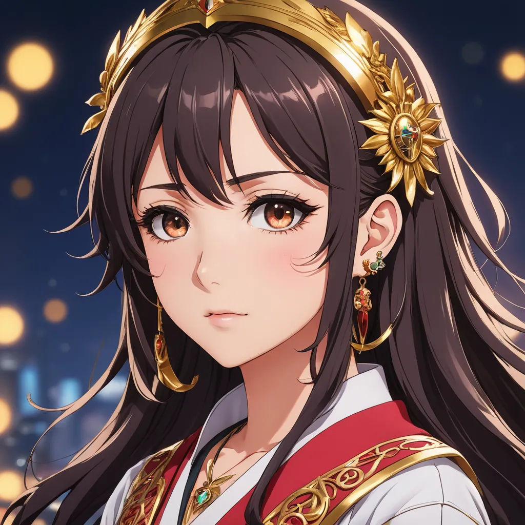 a girl with long hair wearing a crown and a red dress with gold accents on her head and a city in the background, sots art, a detailed painting, Ai-Mitsu, official art