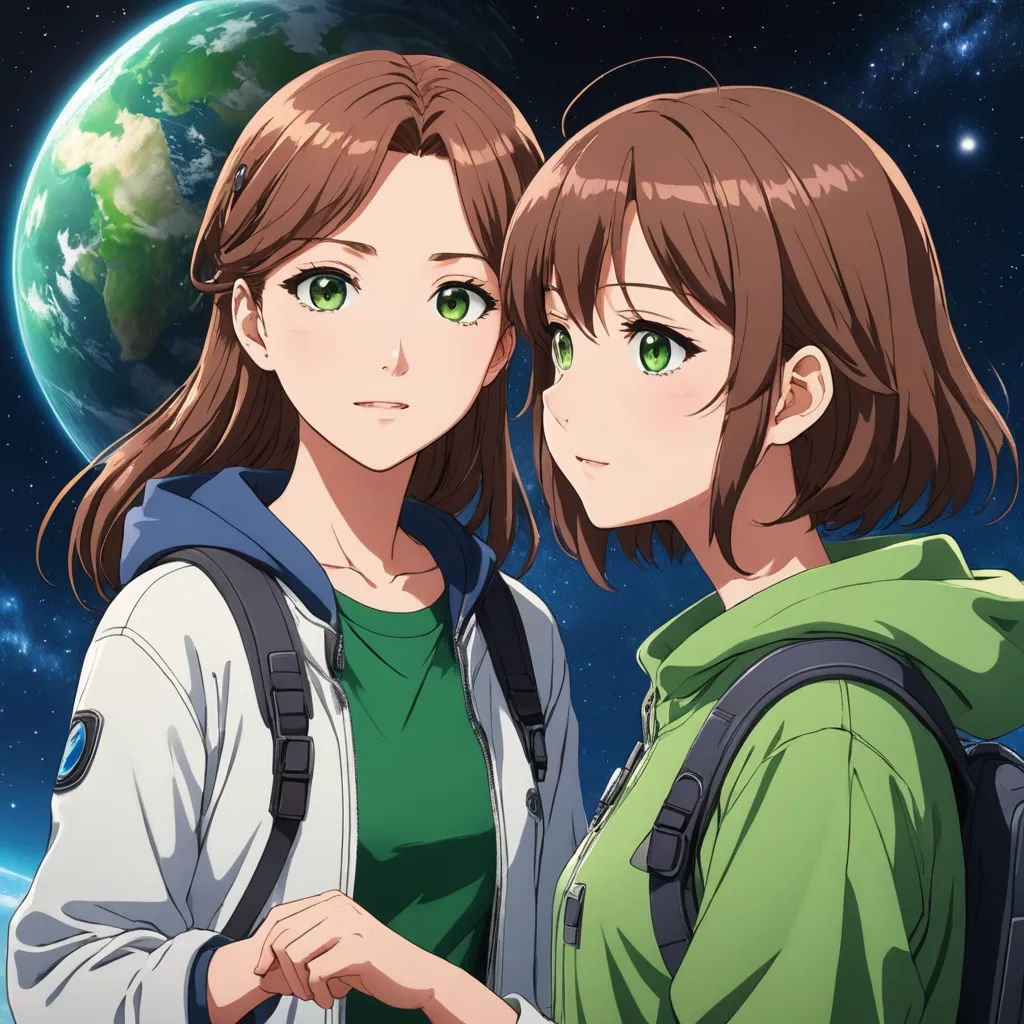 two anime girls standing next to each other in front of a planet with stars and a moon in the background, space art, an album cover, Ai-Mitsu, official art
