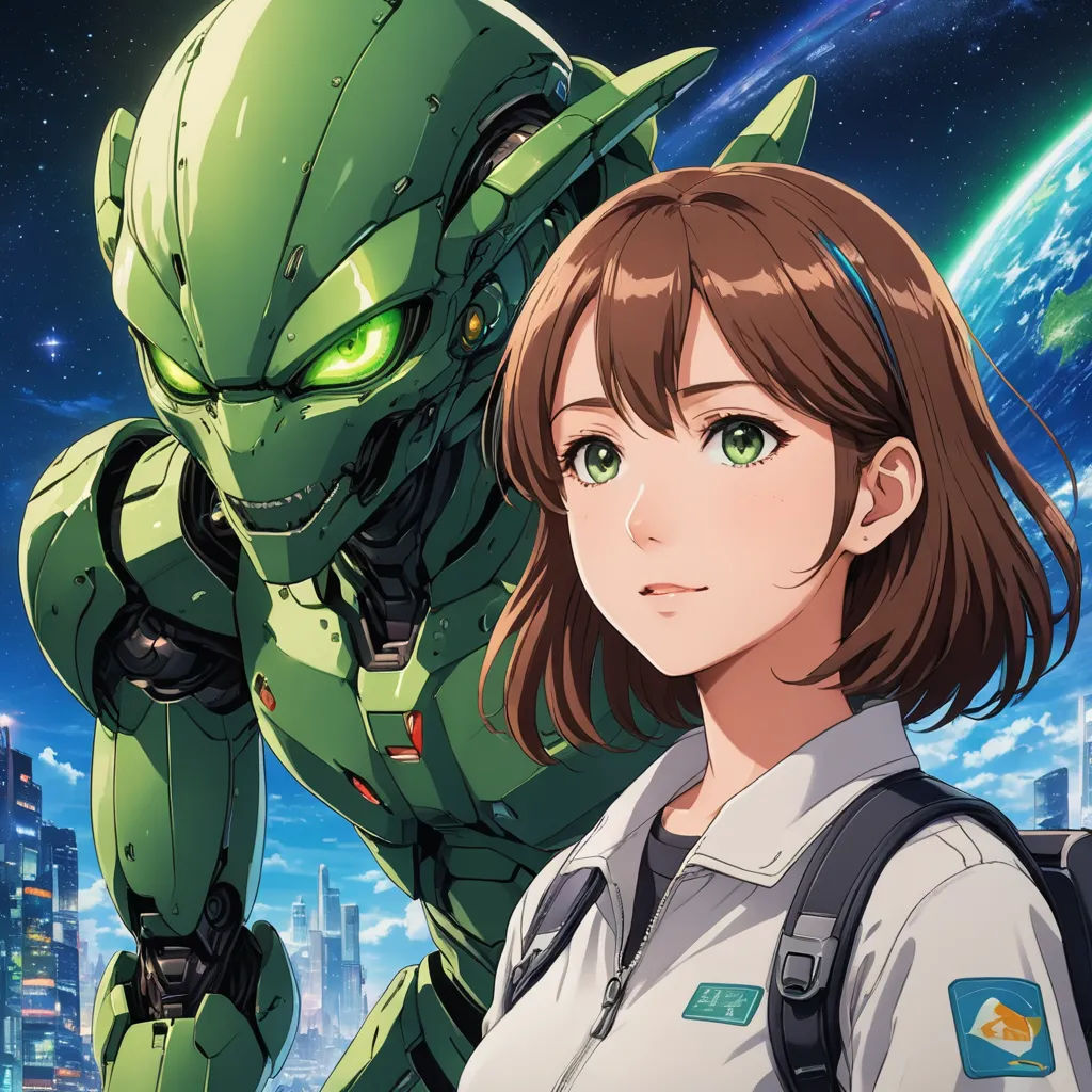 a girl in a white shirt and a robot in the background with a city in the background and a green alien, sots art, poster art, Ai-Mitsu, anime key visual