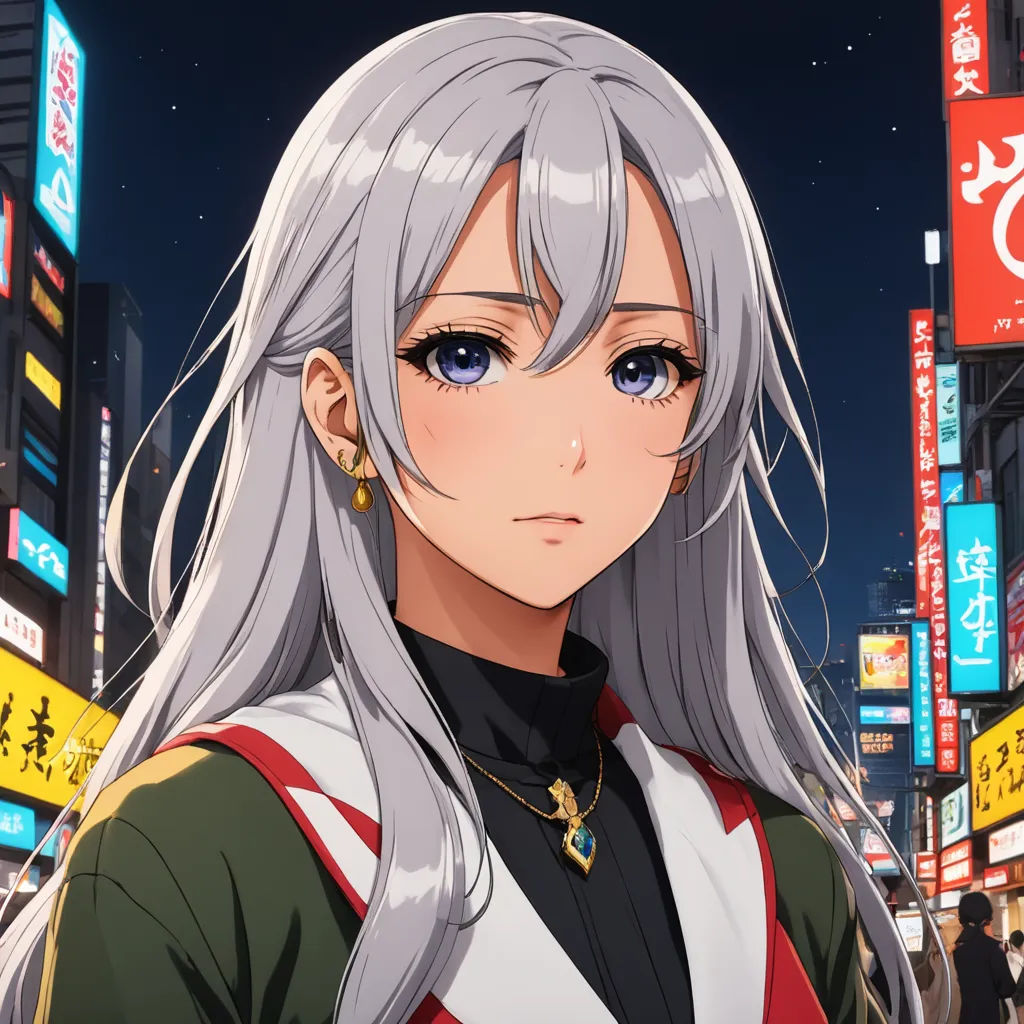 a woman with long white hair and blue eyes standing in a city at night with neon signs and buildings, sots art, a character portrait, Chizuko Yoshida, official art