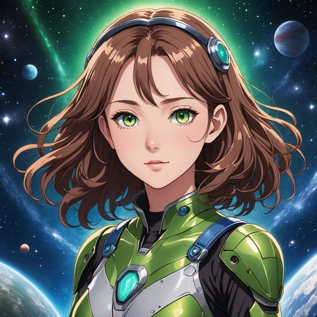 a girl in a green suit standing in front of a planet with stars and planets in the background, with a green light shining on her face, space art, a character portrait, Ayami Kojima, official art