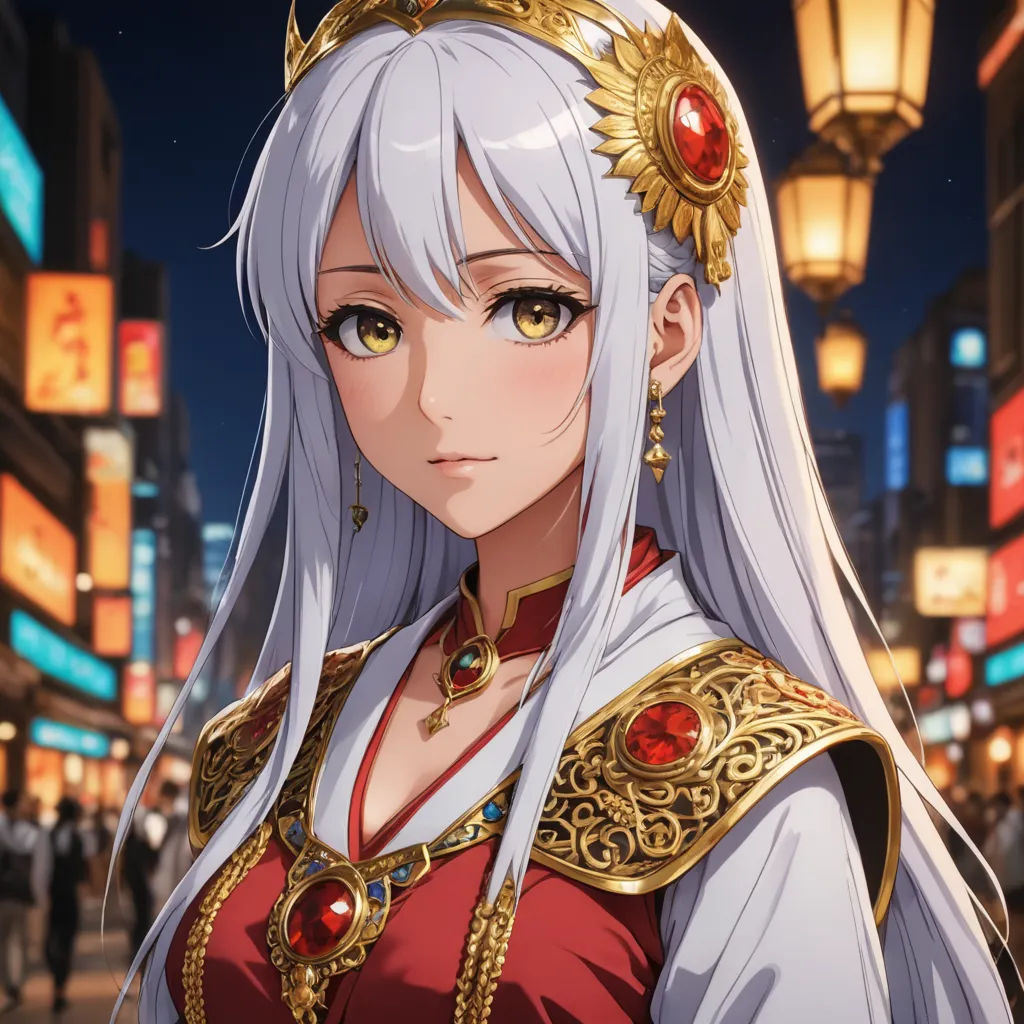 a woman in a red dress and gold jewelry in a city at night with a street light in the background, sots art, a detailed painting, Chizuko Yoshida, official art