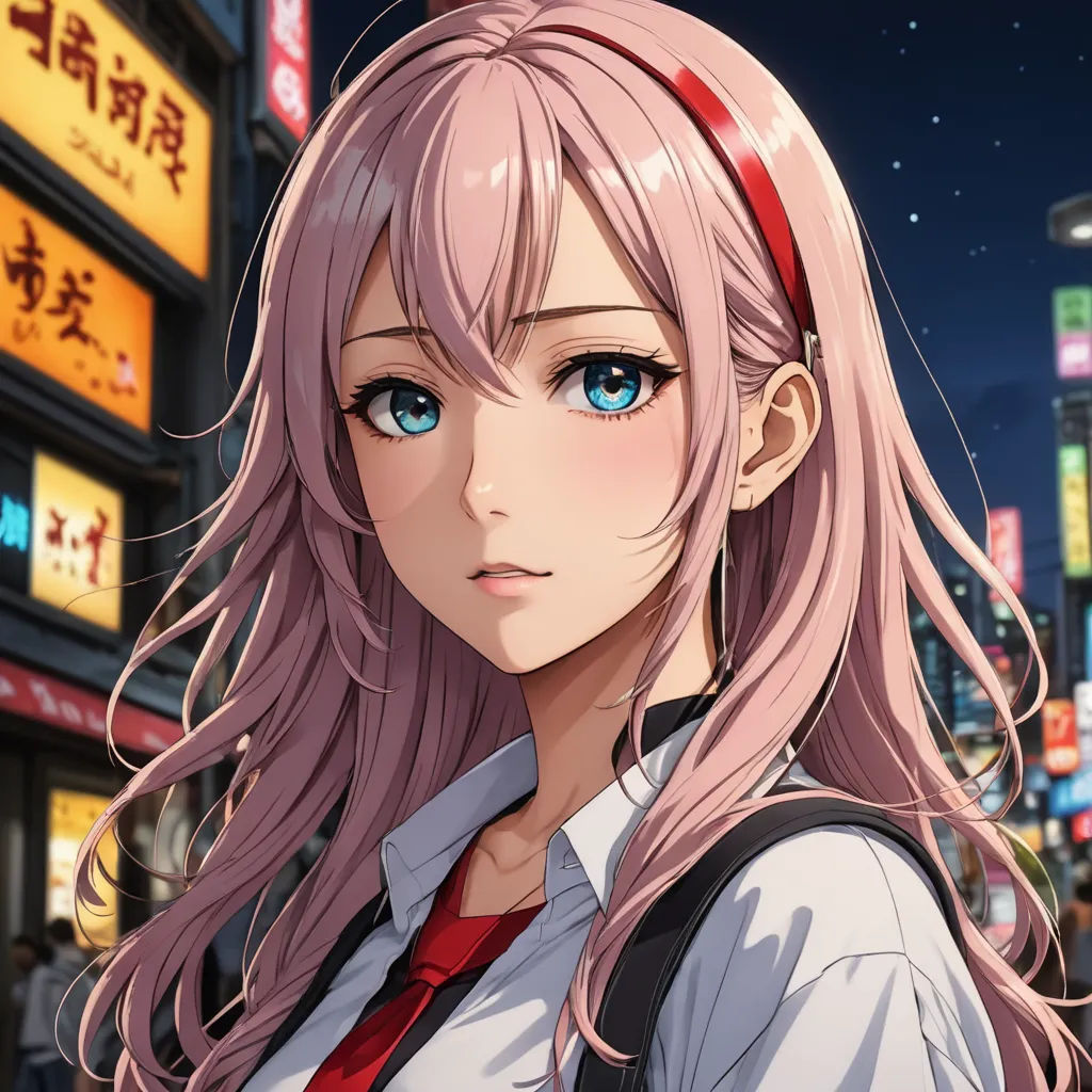 a girl with long pink hair and blue eyes standing in a city at night with neon signs in the background, sots art, a character portrait, Chizuko Yoshida, official art
