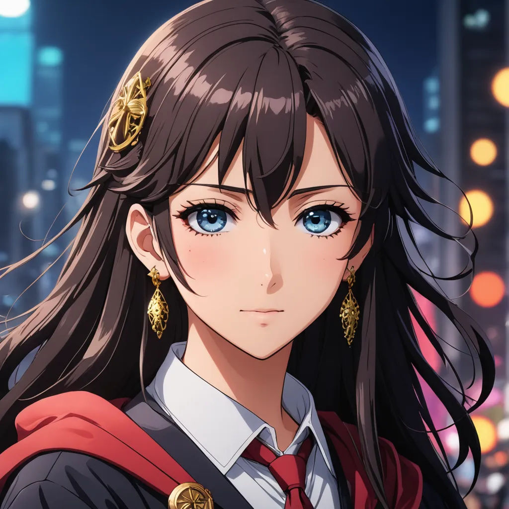 a girl with long hair and blue eyes wearing a red cape and gold earrings in a city at night, sots art, a character portrait, Ai-Mitsu, official art