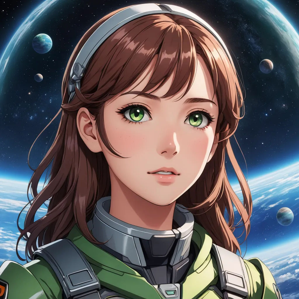 a girl with green eyes and a space suit on, looking at the camera with a planet in the background, space art, a character portrait, Eve Ryder, rossdraws global illumination