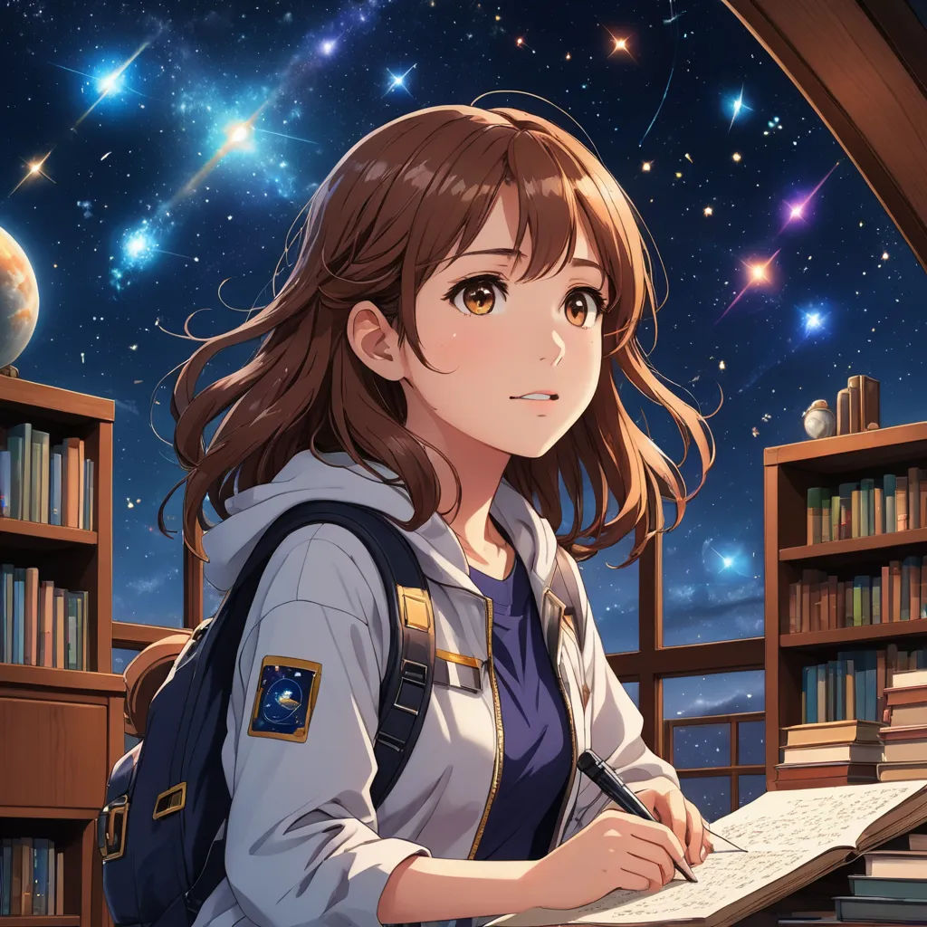 a girl is writing in a book in front of a bookcase with books on it and a sky full of stars, space art, a detailed painting, artist, official art