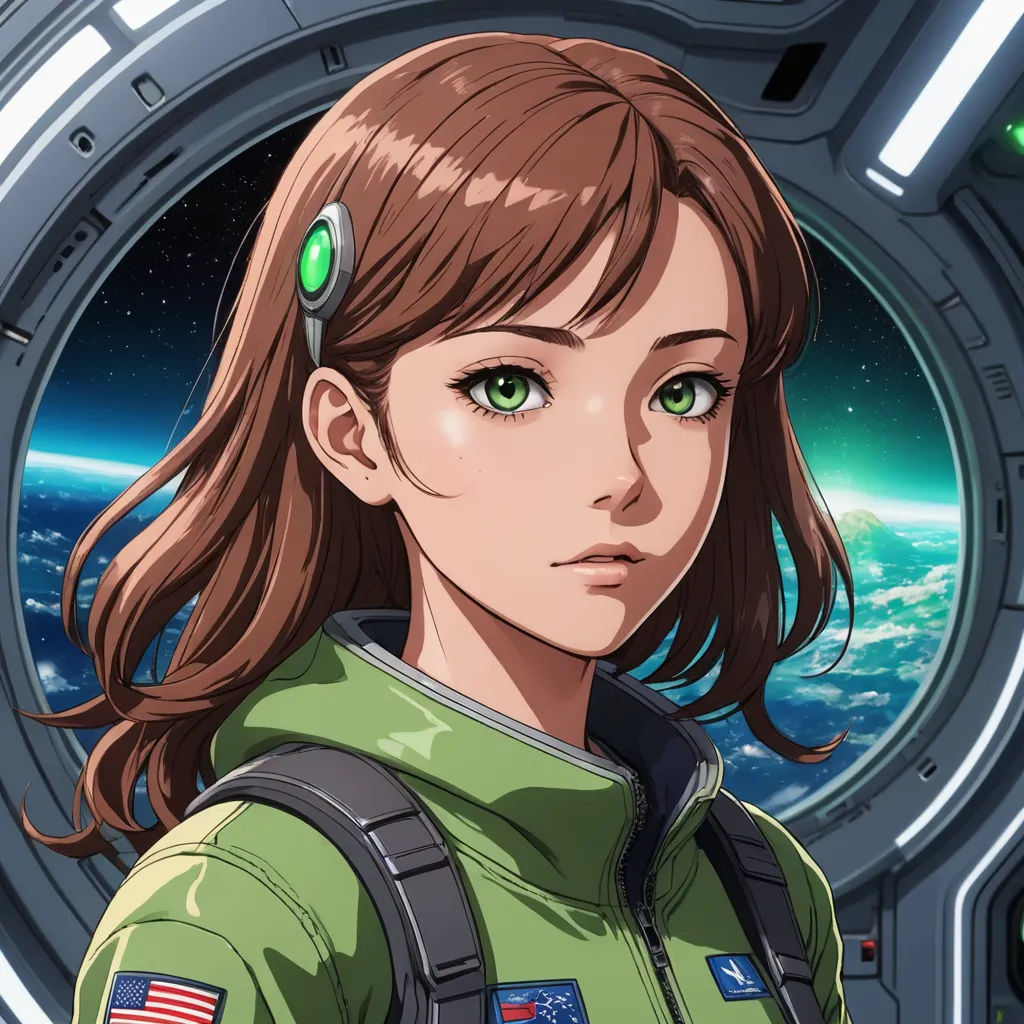 a girl in a space suit with a green eye and a space background with a planet in the background, space art, a character portrait, Eizan Kikukawa, character portrait