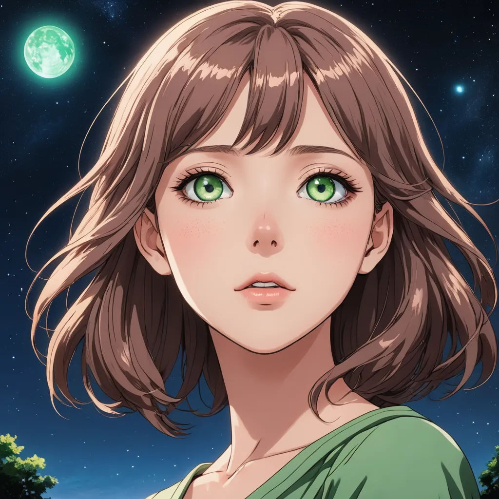 a girl with green eyes and a green shirt on, staring at the camera with a full moon in the background, sots art, a character portrait, Chizuko Yoshida, rossdraws global illumination