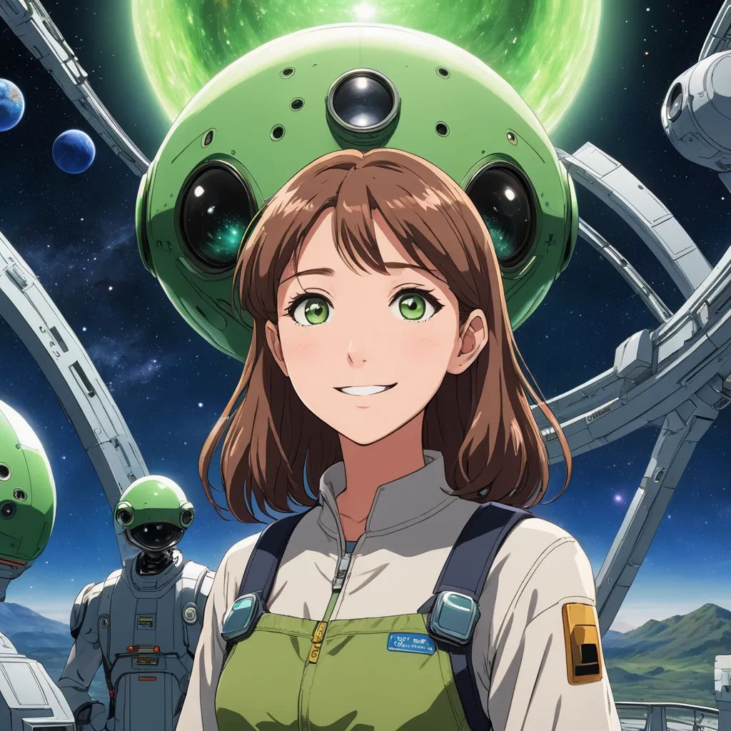 a girl in a space station with a green helmet on her head and two other people in the background, space art, concept art, Ai-Mitsu, official art