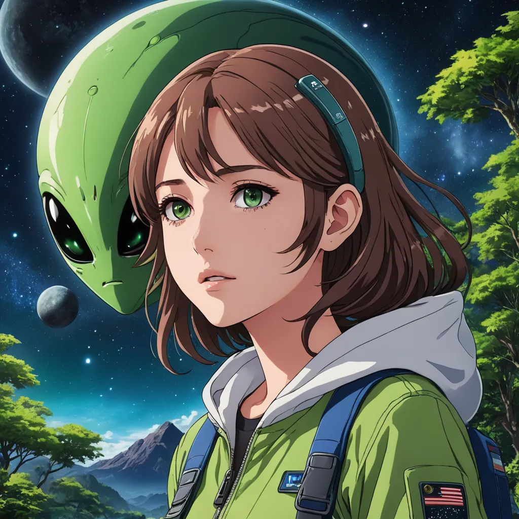a girl with a green helmet and a green alien head on her head, staring at the camera, with a mountain in the background, space art, a character portrait, Ai-Mitsu, key art