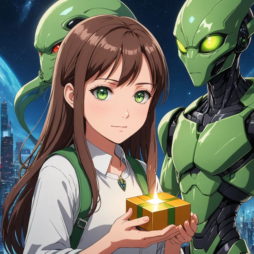 a girl holding a present box with an alien man in the background and a girl in the foreground, rayonism, a character portrait, Ai-Mitsu, key art