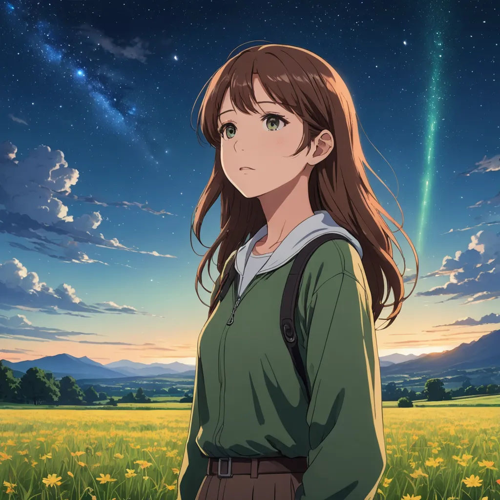 a girl standing in a field with a sky background and stars in the sky above her, and a field of flowers in the foreground, rayonism, poster art, Chizuko Yoshida, anime key visual