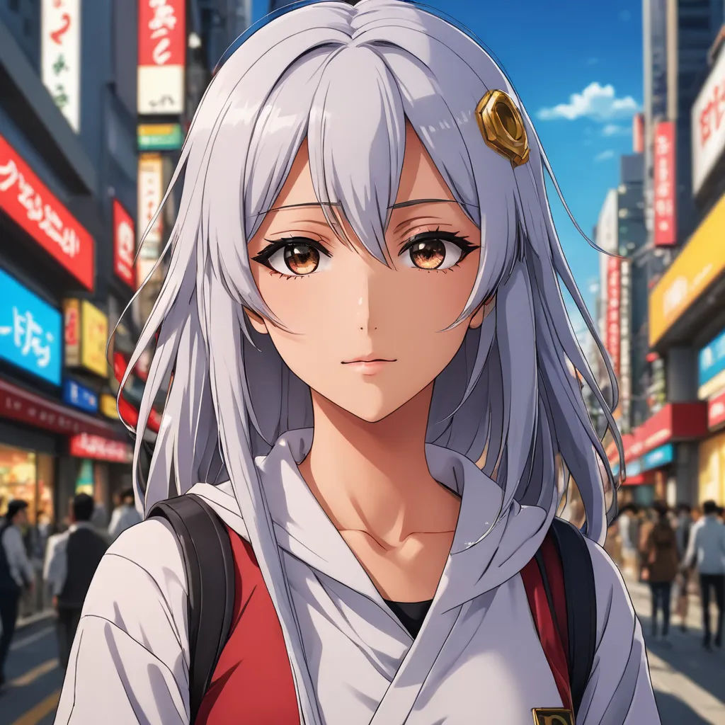 a woman with long white hair and a backpack on a city street with people walking by in the background, serial art, a character portrait, Aguri Uchida, official art
