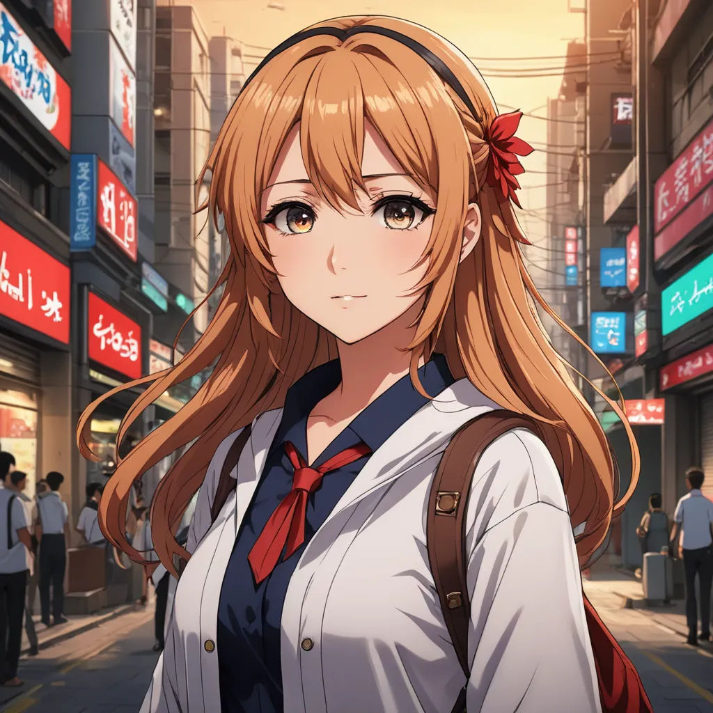 a woman with long hair and a bow in her hair standing on a street in a city with people walking by, sots art, a character portrait, Chizuko Yoshida, official art
