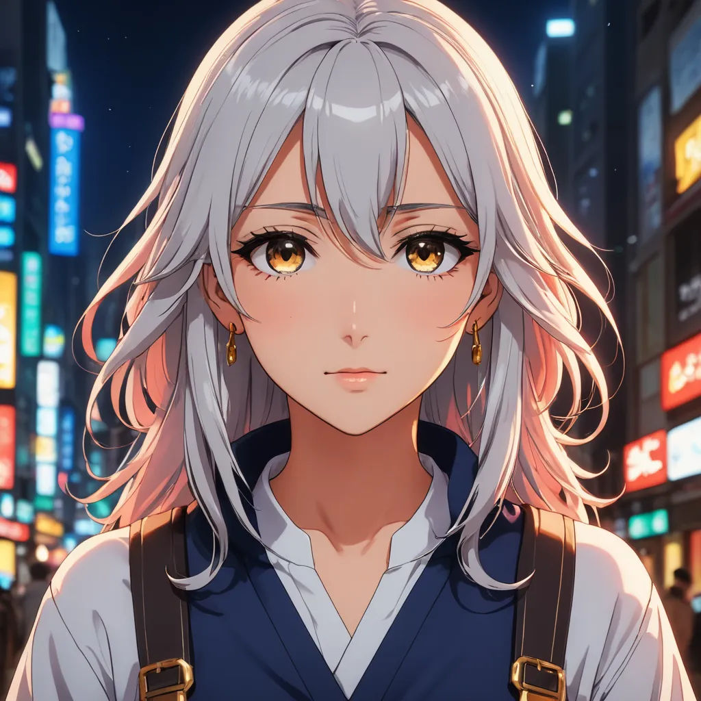 a girl with blonde hair and yellow eyes in a city at night with neon lights and signs in the background, remodernism, a character portrait, Chizuko Yoshida, rossdraws global illumination