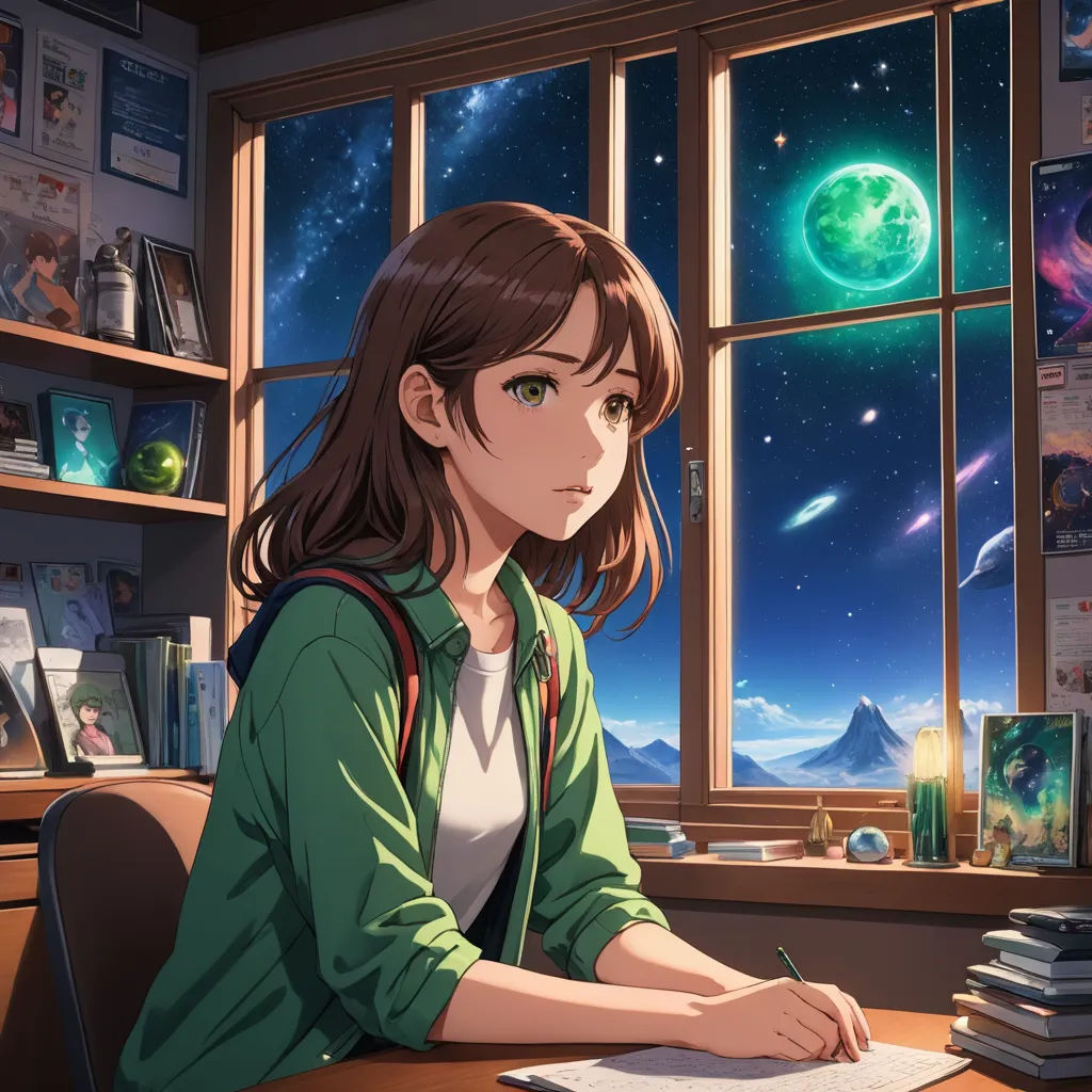 a girl sitting at a desk in front of a window with a book and pen in her hand and a book in front of her, space art, computer graphics, artist, official art