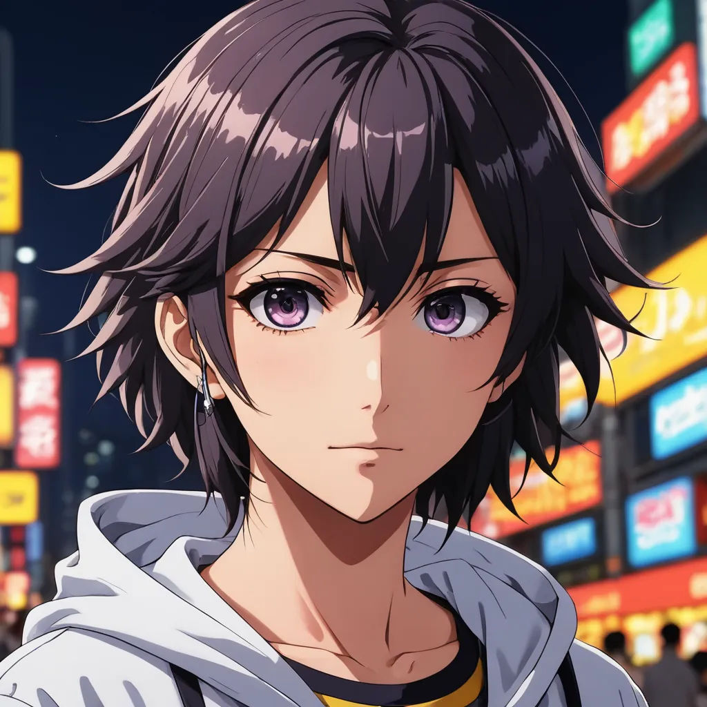a anime character with a hoodie on in a city at night with neon signs in the background and a person with a backpack on the street, photorealism, a character portrait, Ai-Mitsu, official art