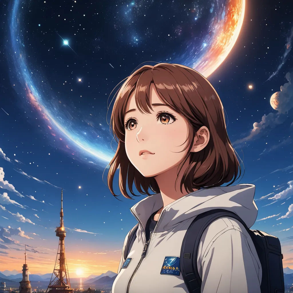 a girl in a white shirt and a blue sky and a large planet in the background with a star in the sky, space art, poster art, Ai-Mitsu, anime key visual
