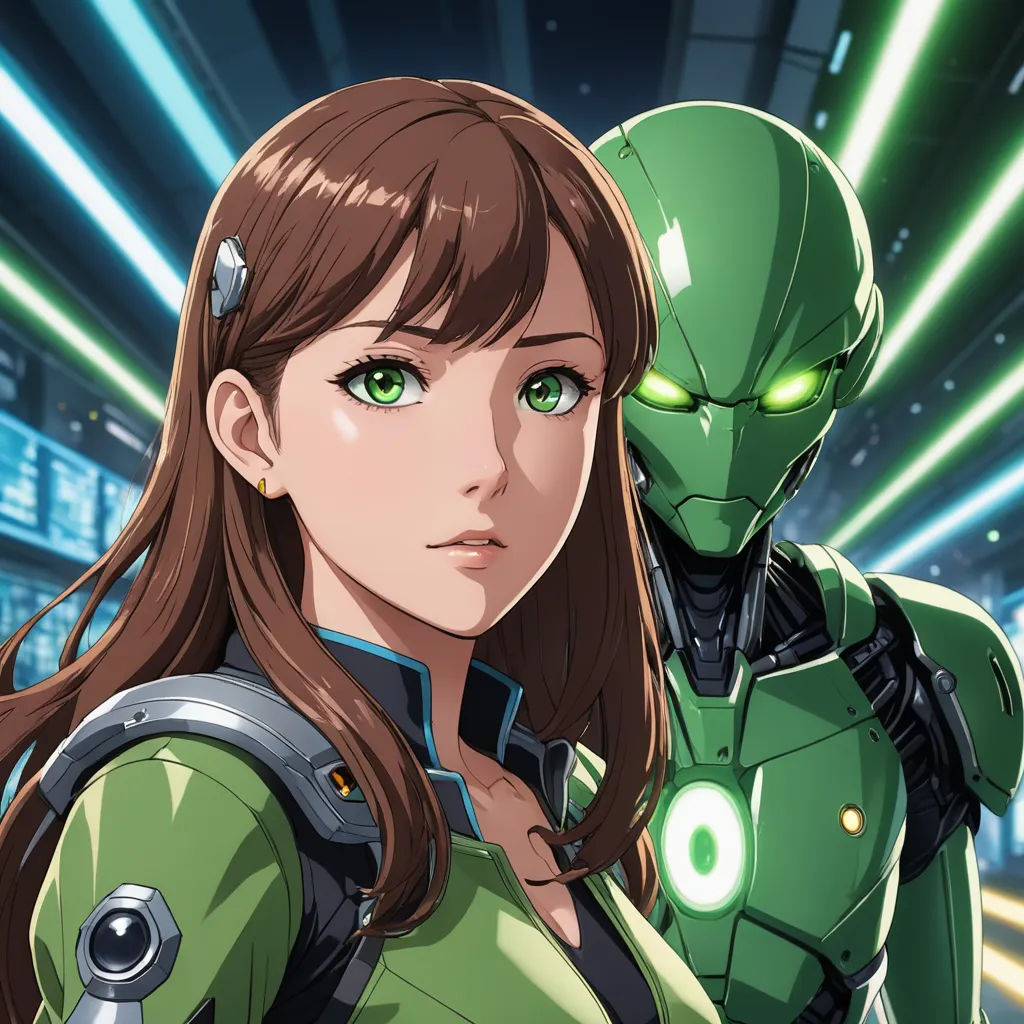 a woman in a green suit and a man in a green suit in a futuristic setting with green lights, rayonism, cyberpunk art, Ai-Mitsu, rossdraws global illumination