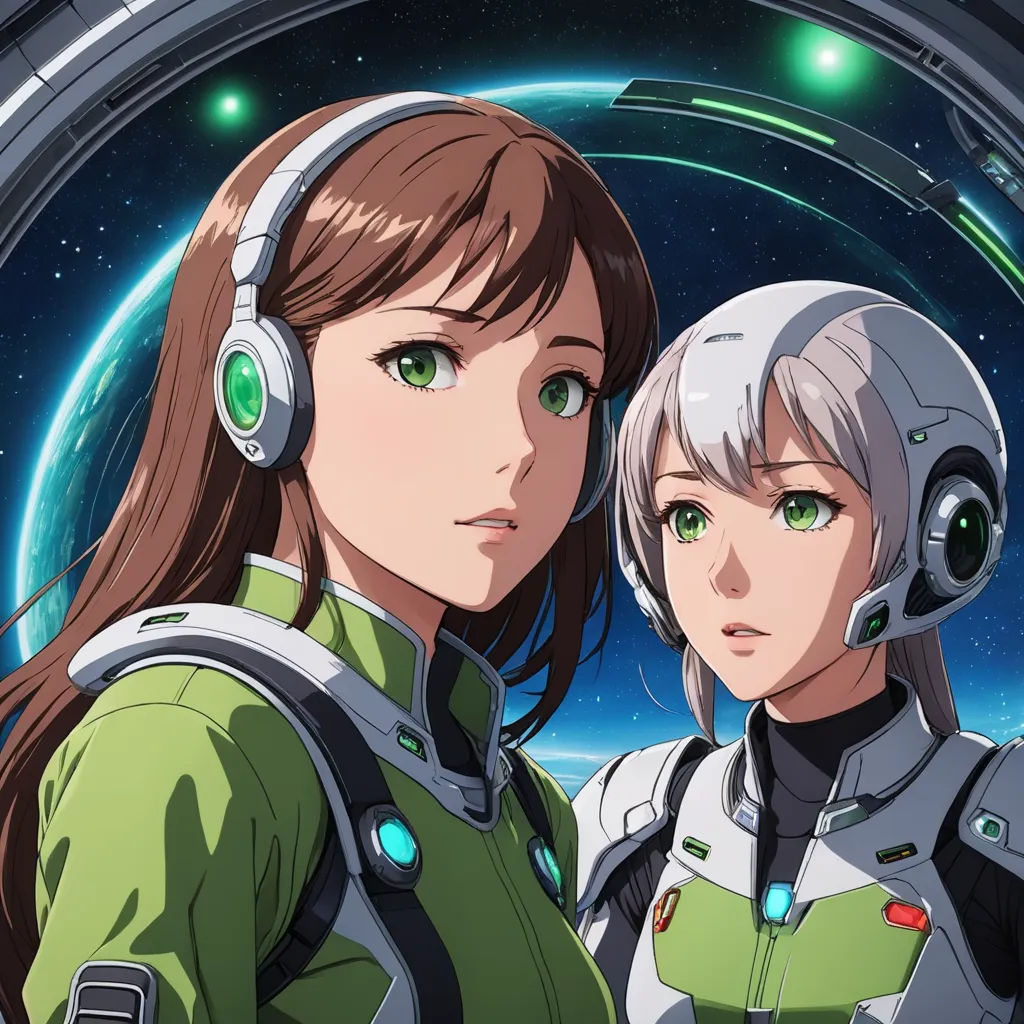 two anime characters are standing in front of a window with a planet in the background and a green light, space art, poster art, Ai-Mitsu, official art