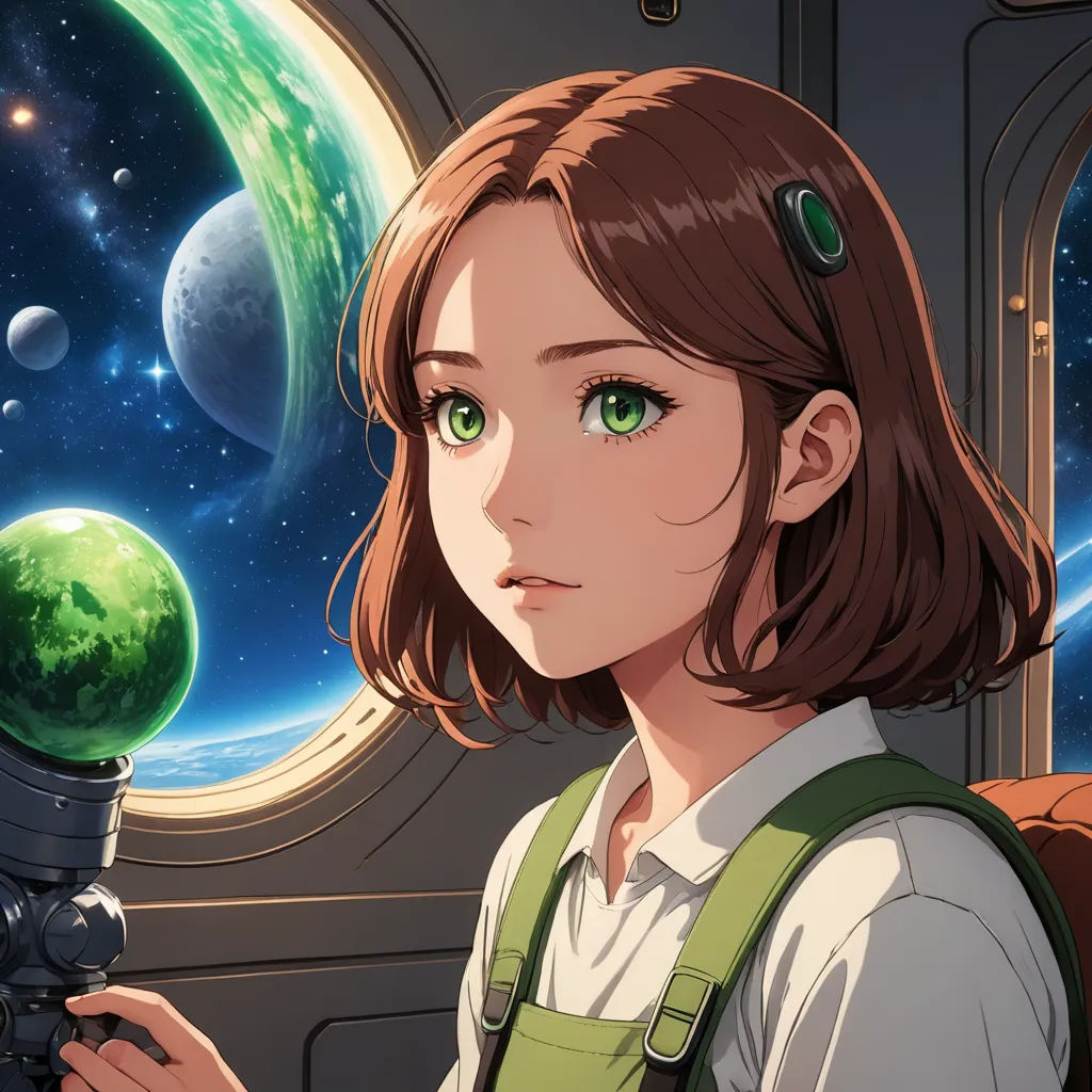 a girl with a green eye looking at a green planet in the distance with a green eye on her face, space art, a detailed painting, Chizuko Yoshida, rossdraws global illumination