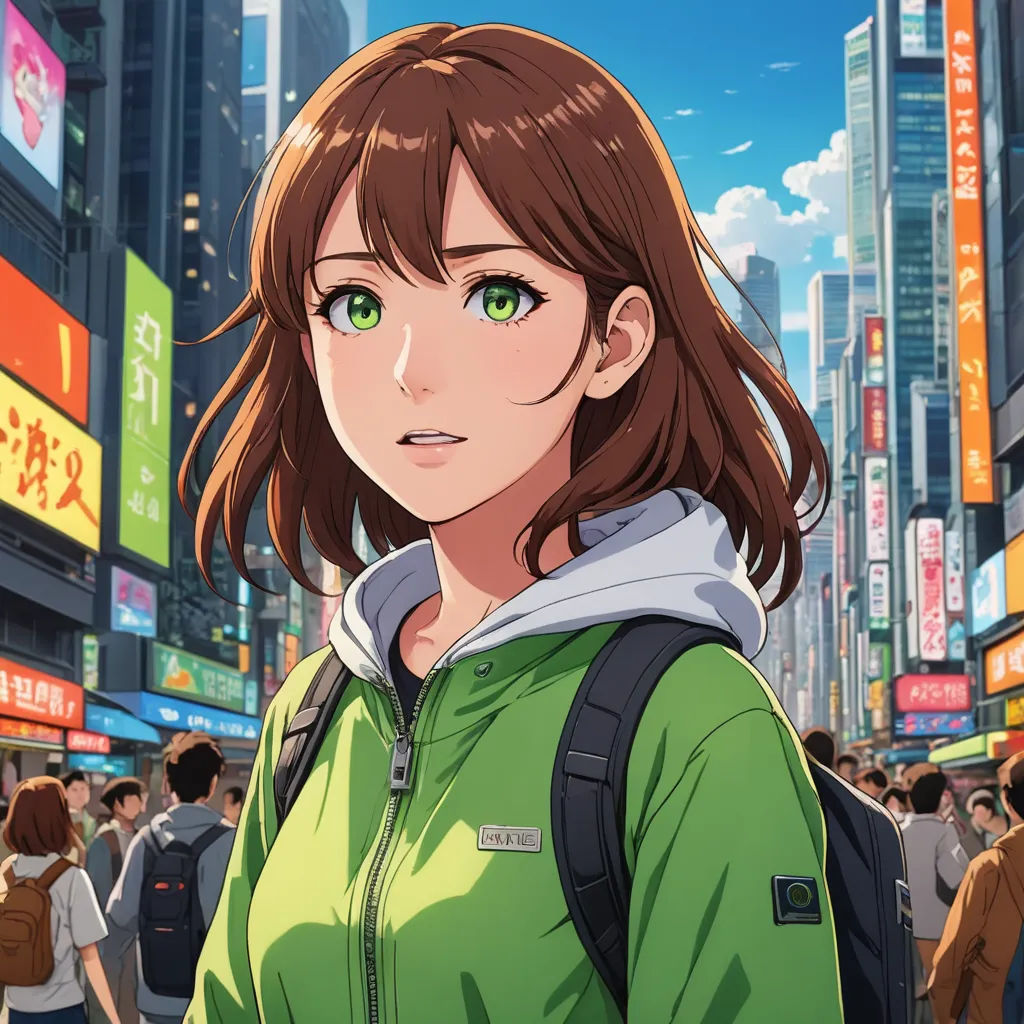 a woman with a backpack standing in front of a crowd of people in a city with tall buildings and signs, sots art, a character portrait, Ai-Mitsu, official art
