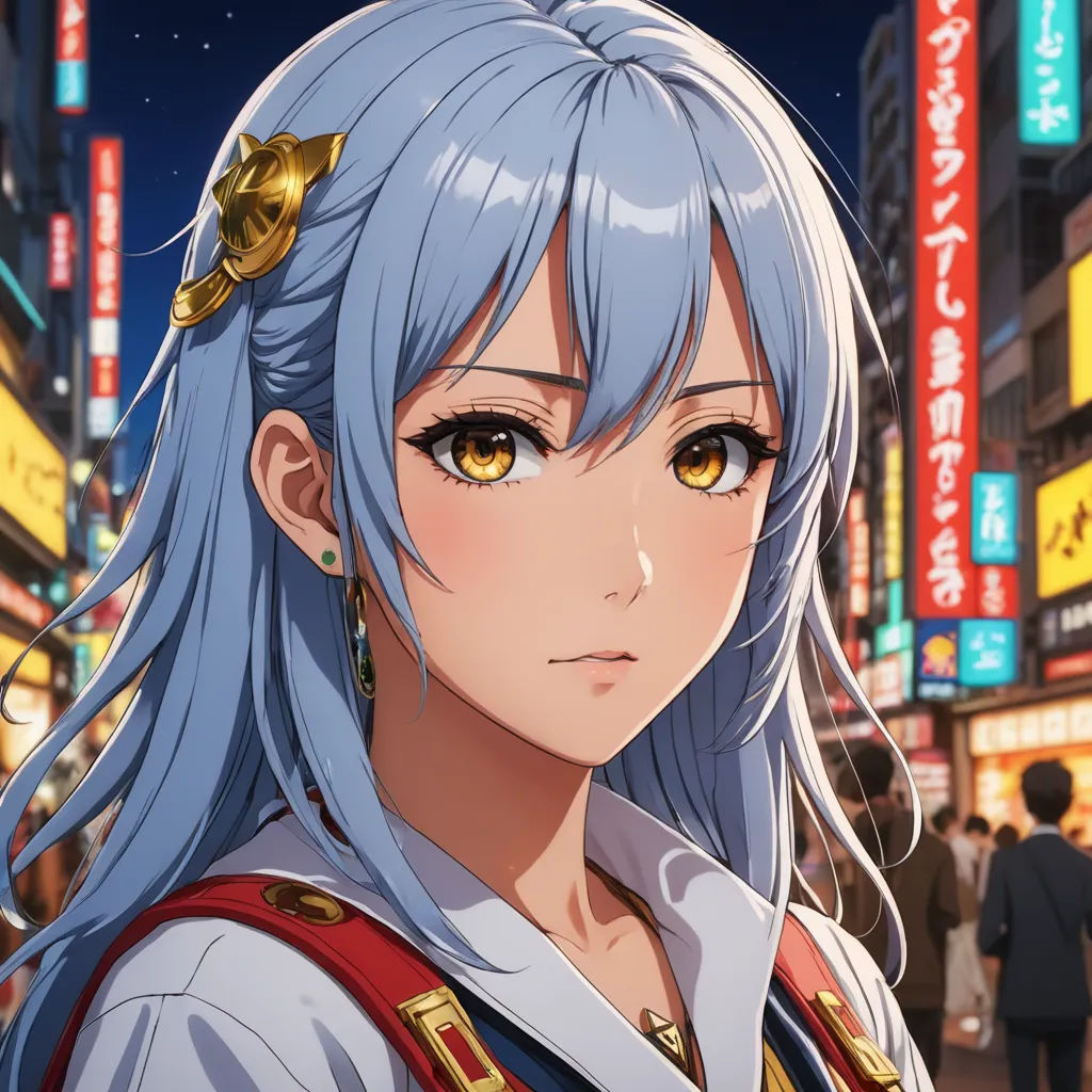 a woman with blue hair and a white shirt and a red backpack in a city at night with people walking by, rayonism, a character portrait, Aya Goda, official art