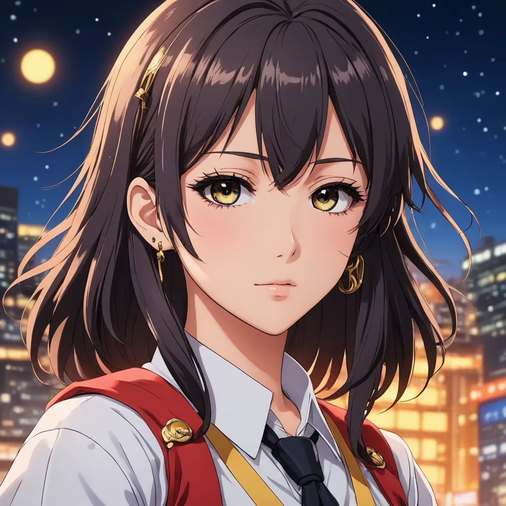 a girl with long hair and a red vest is standing in front of a city at night with lights, sots art, a character portrait, Ai-Mitsu, official art