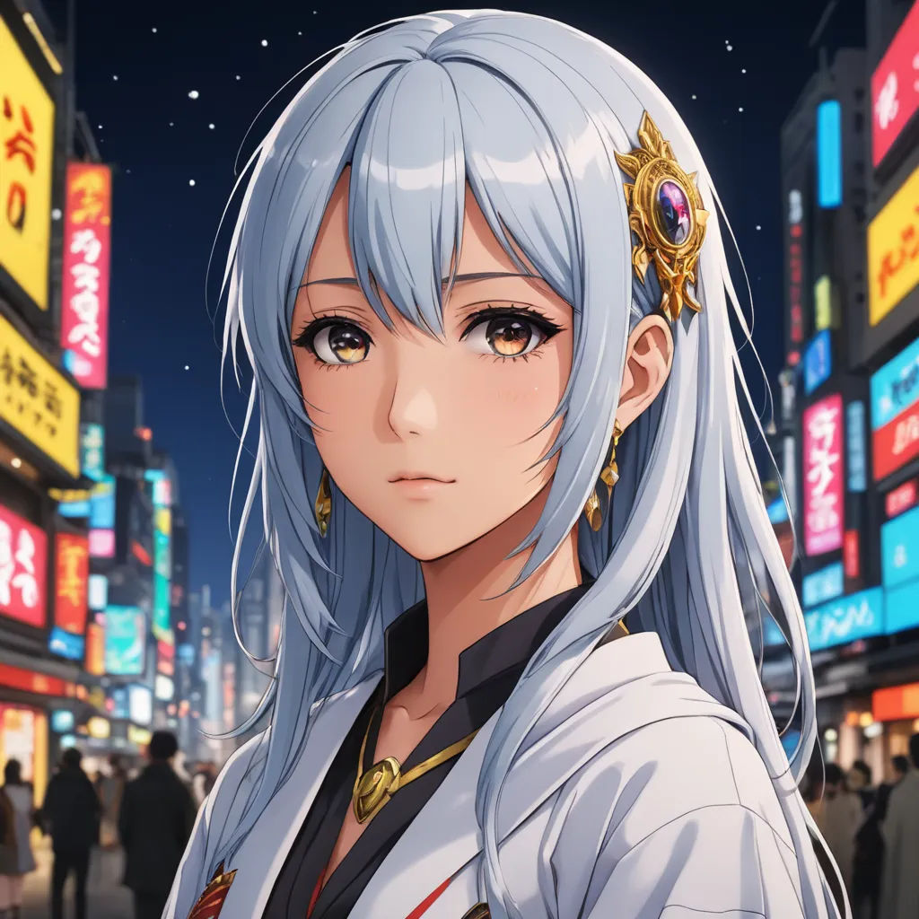 a woman with blue hair and a white wig in a city at night with neon signs and people in the background, sots art, a detailed painting, Chizuko Yoshida, city background