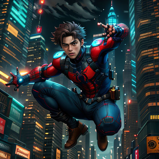 a man in a suit flying through the air over a city at night with a gun in his hand