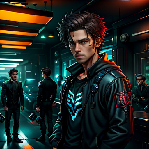 a man in a black jacket standing in a room with other men in the background and a neon light