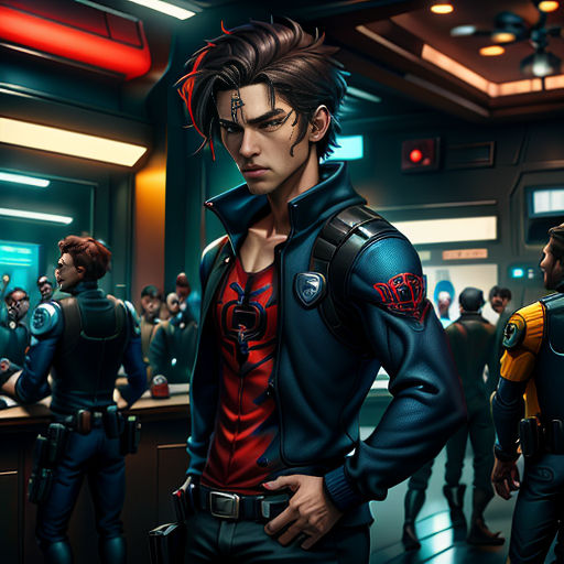 a group of people standing around a bar in a room with a man in a leather jacket and a woman in a red top