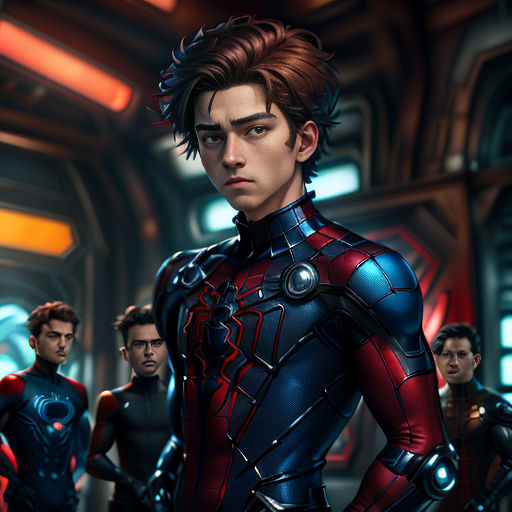 a group of young men in futuristic suits standing in a hallway with other young men in the background wearing futuristic suits