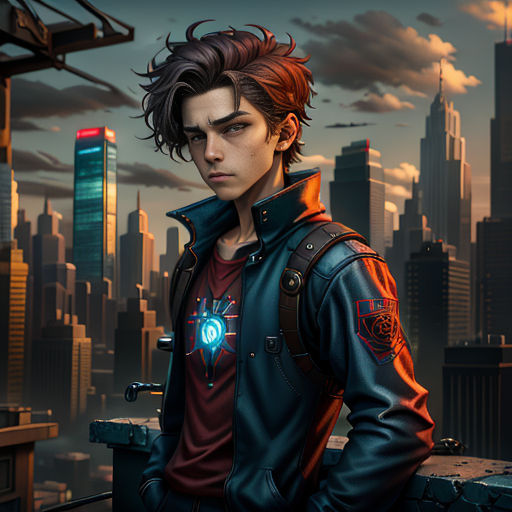 a man standing in front of a city skyline with a glowing light in his hand and a glowing light in his eye