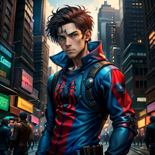 a man in a futuristic suit standing in a city street with a gun in his hand and a gun in his other hand