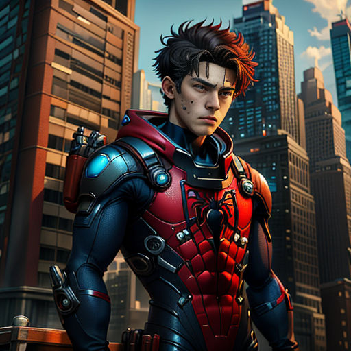 a man in a futuristic suit standing in front of a cityscape with skyscrapers in the background