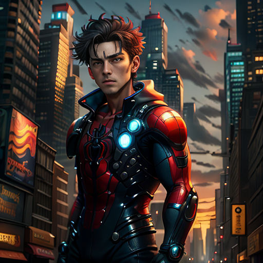 a man in a suit standing in a city at night with a cityscape in the background and a neon light in the foreground