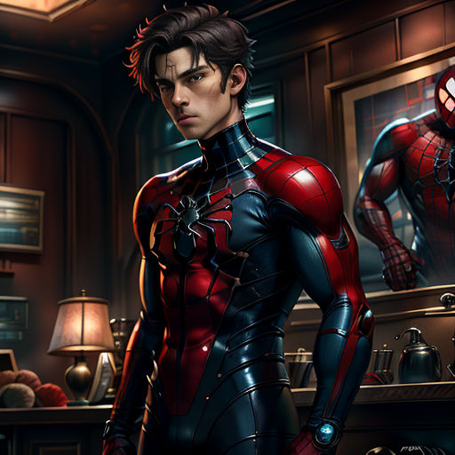 a man in a suit standing next to a mirror in a room with a spider man on it's chest