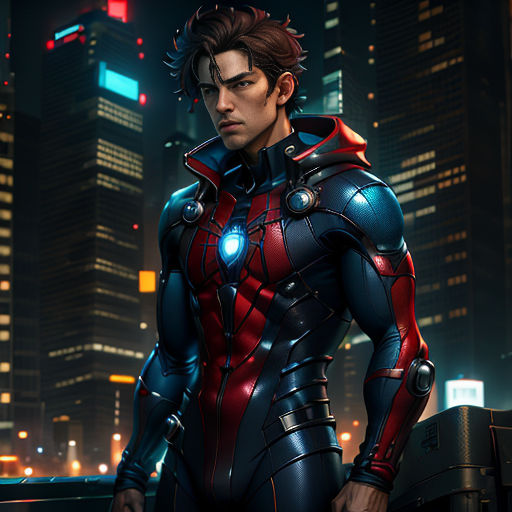 a man in a suit standing in front of a city at night with a glowing light on his chest