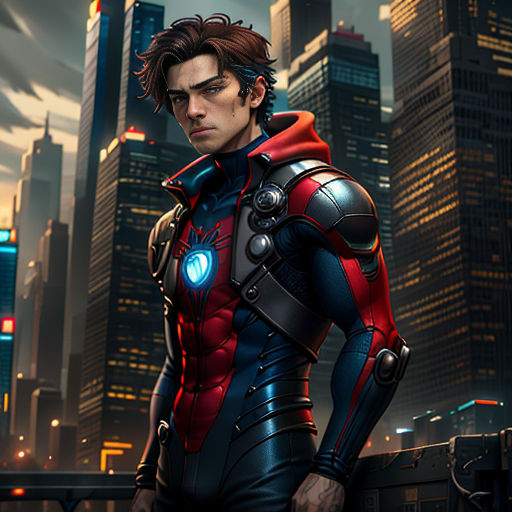 a man in a suit standing in front of a city skyline at night with a glowing light on his chest